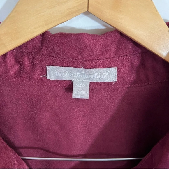 Woman Within Faux Suede Button Up Shirt 1X Burgundy Wine Red Plus Long Sleeves - Picture 6 of 6